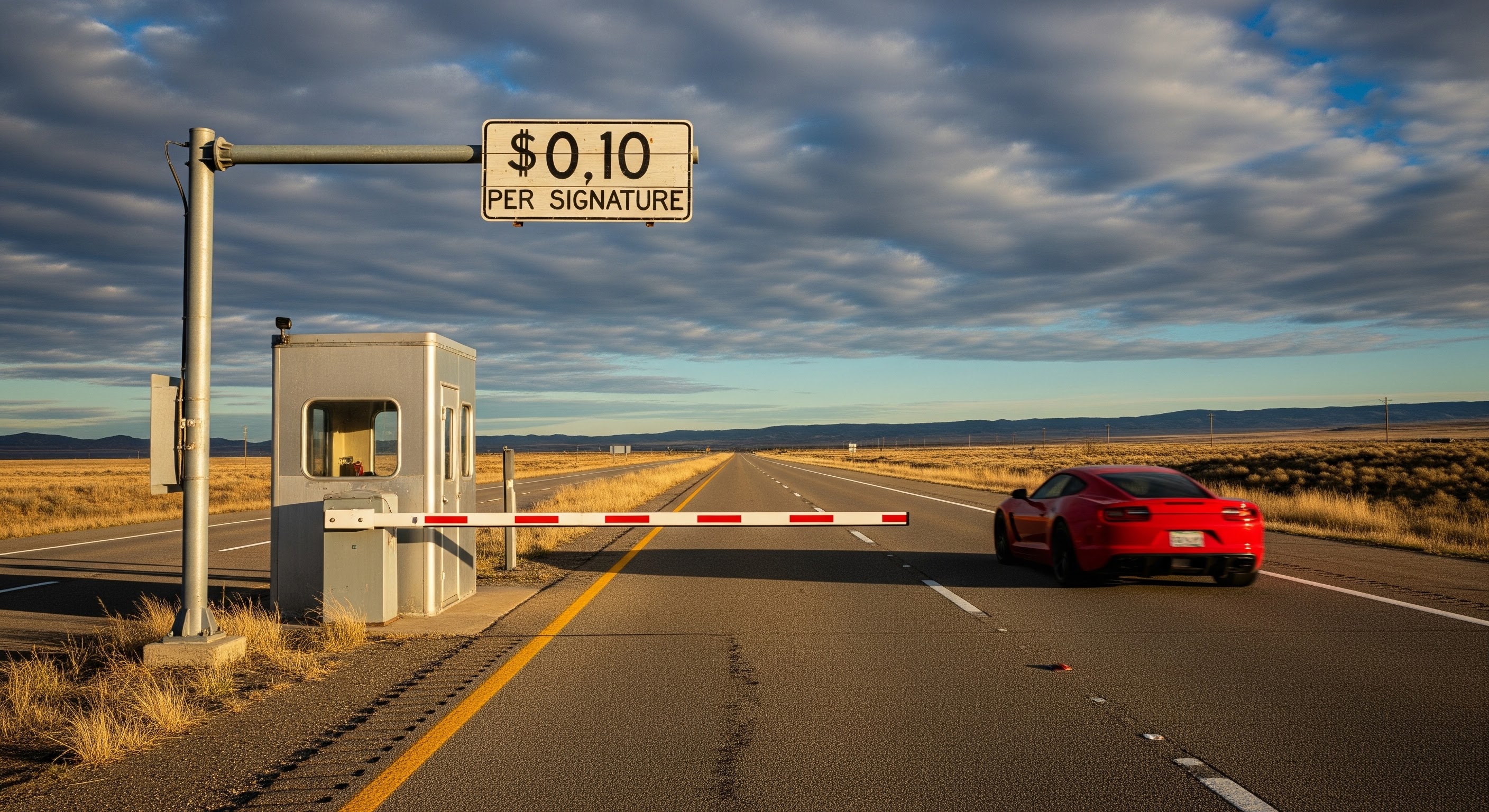 Road toll booth with a sign that reads $0.10 per signature.